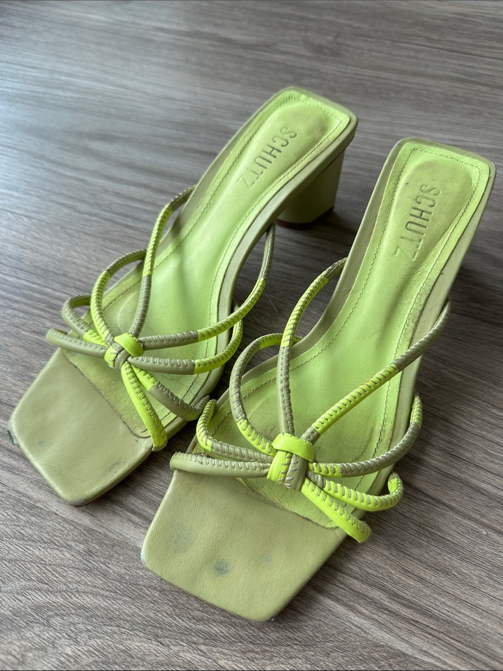 SCHUTZ Neon Lime Strappy Knot Block-Heel Sandals